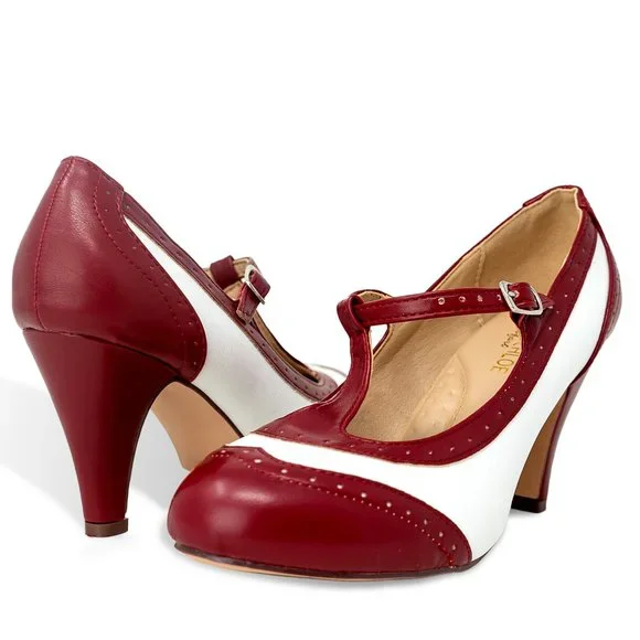 Chase & Chloe Mary Jane Oxford Pumps - Retro Round Toe Shoe with Ankle Strap - Picture 4 of 5